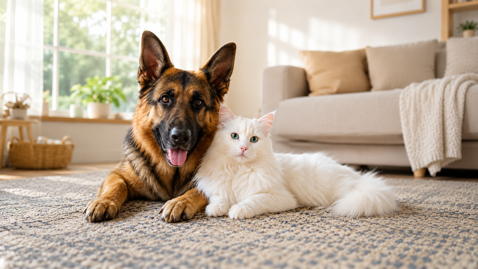 German shepherd and white cat