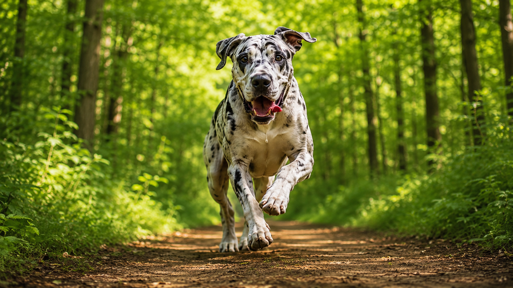 Great Dane running in a forest